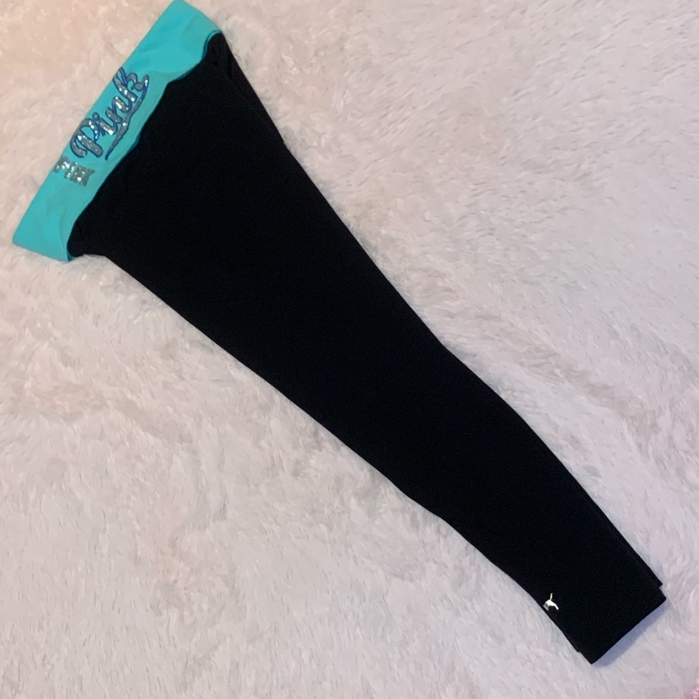 Victoria’s Secret Pink Bling Sequin Black Aqua Turquoise Yoga Leggings Tights - Picture 7 of 15
